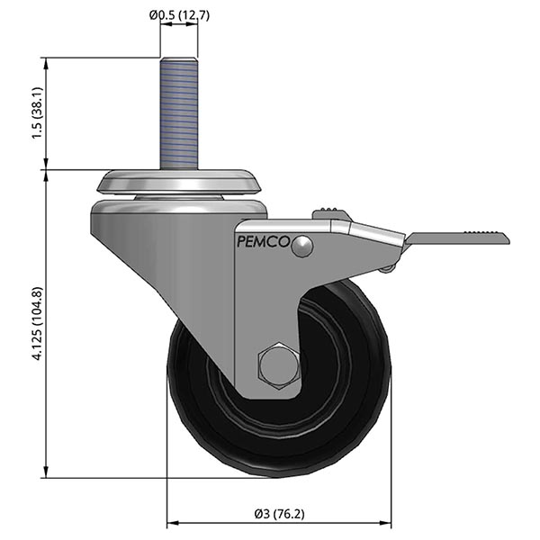 Side view drawing of caster with dimensions